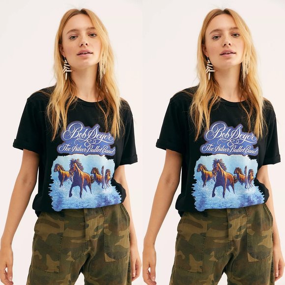 Free People Tops - NEW FREE PEOPLE BOB SEGER HORSES BLACK TEE SZ M L